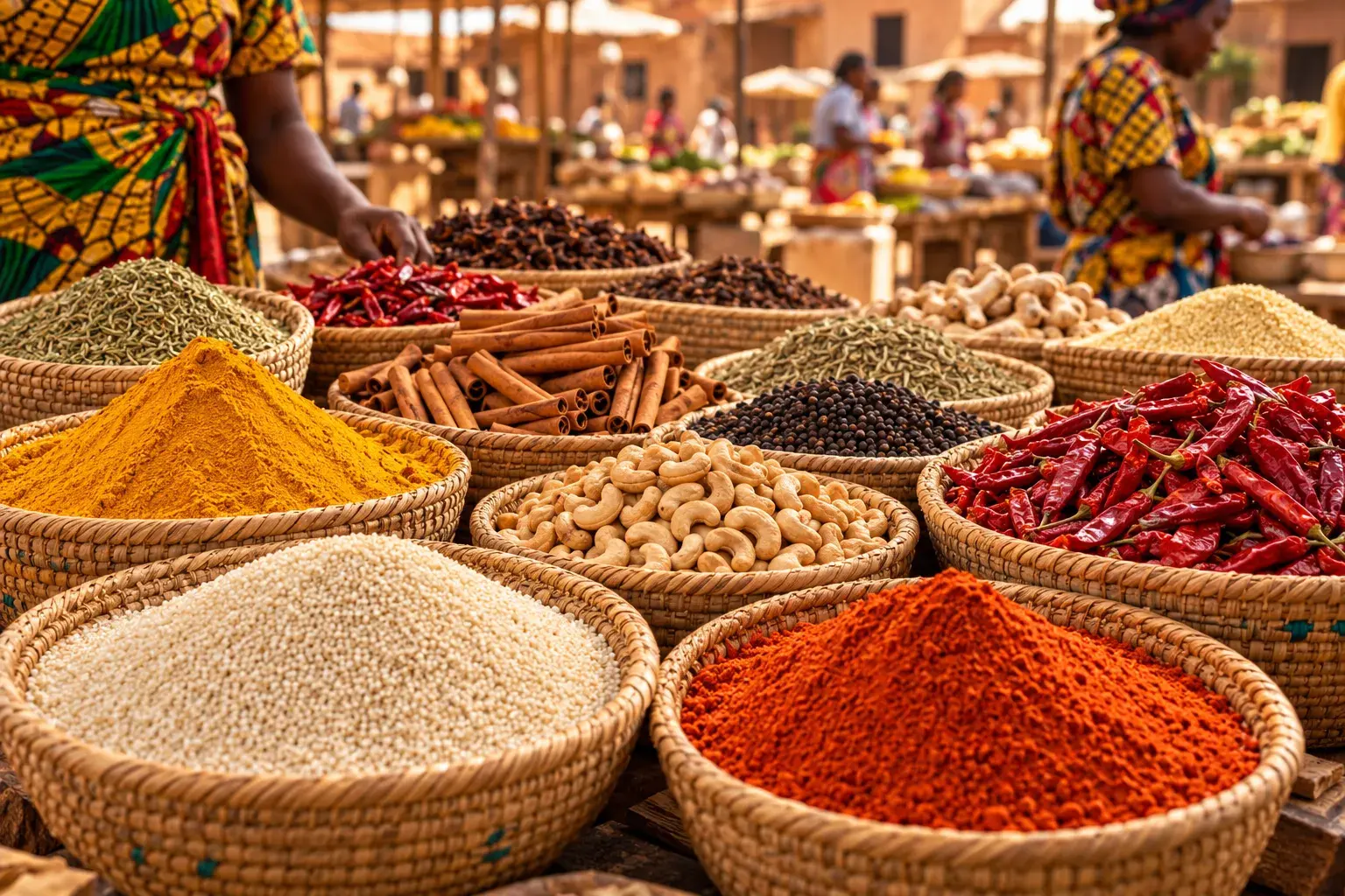 Paniers tressés remplis d’épices, de piments séchés, de noix de cajou et de céréales sur un marché d’Afrique de l’Ouest